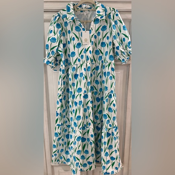 NWT SZ L Mary Square Floral Blue and Green Dress - Picture 1 of 9
